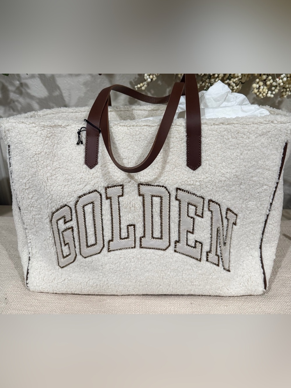 Golden Goose Cream Sherpa Tote with Brown Leather Handles and Cross Body Strap